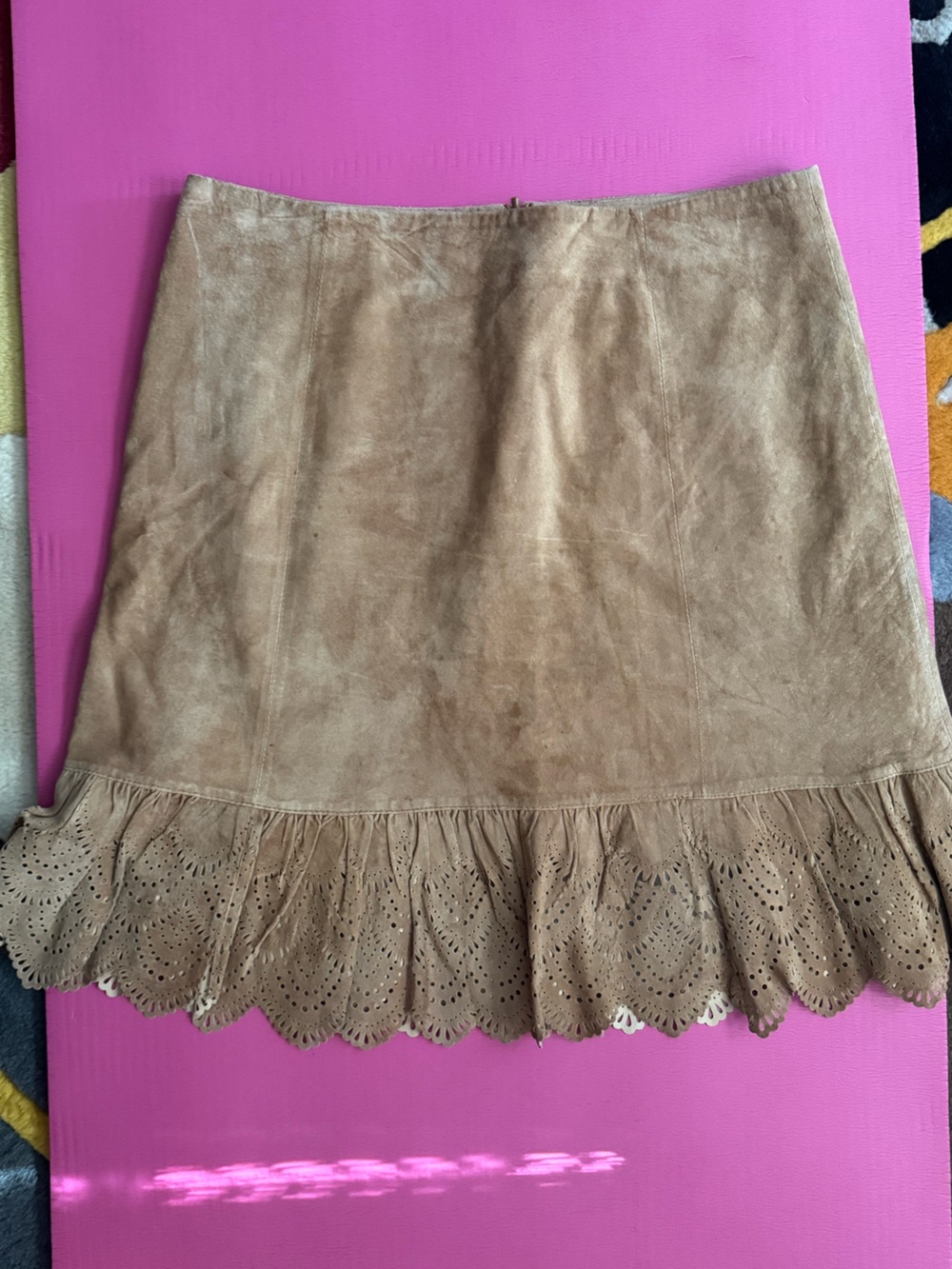 elevenses Tan Suede A-Line Skirt with Eyelet Scalloped Hem